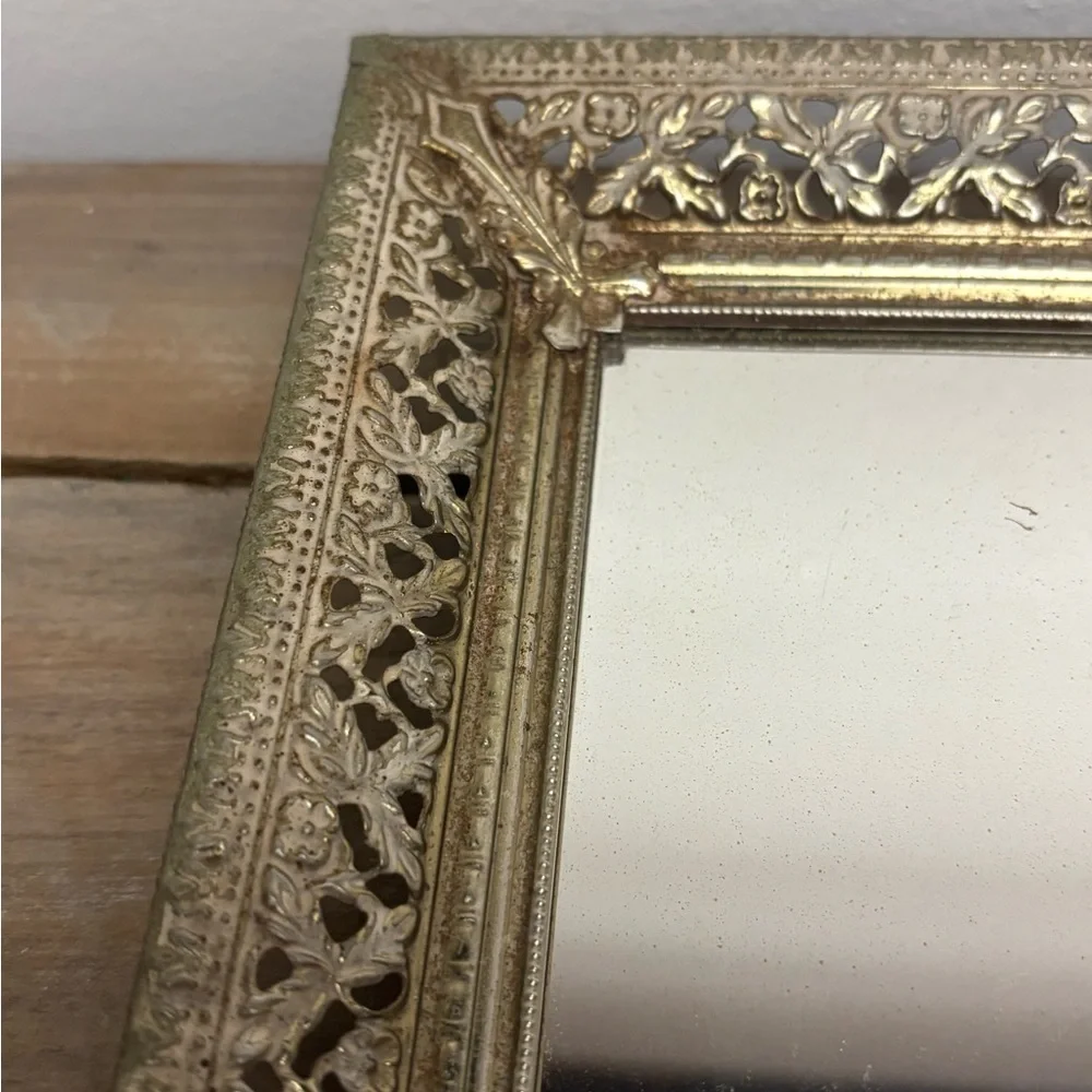 Vintage Glass Vanity Mirror Tray Gold Metal and Glass